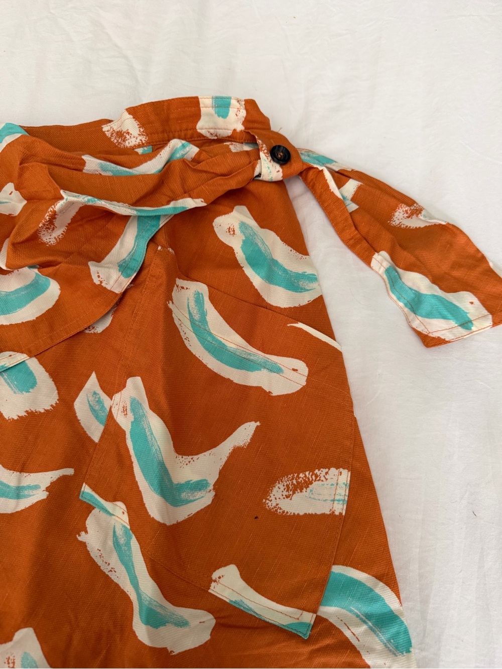 Anthropologie Orange Midi Skirt with Teal and White Brushstroke Print - Picture 2 of 4